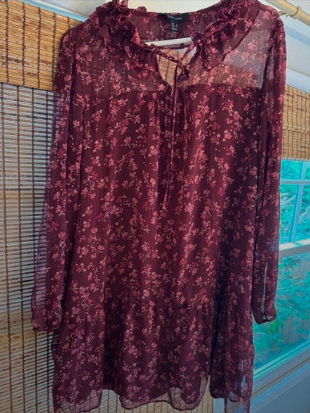 New Look, Lined With Sheer Overlay Burgundy Floral dress, size 14. A-Line Style.